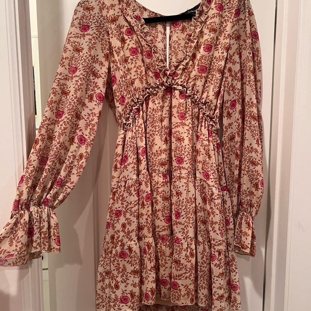 Aakaa Pink and Brown Floral Ruffle Dress